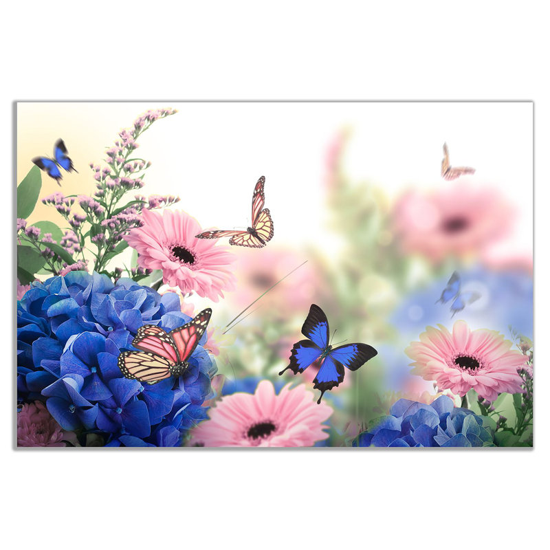 Pink Blue Flowers Butterflies - Wrapped Canvas Print, 41cm H x 61cm W