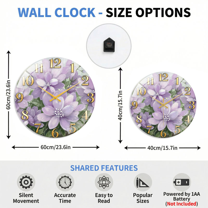 Horloge murale en verre mauve, 40 x 40 cm (15,7 x 15,7 pouces)