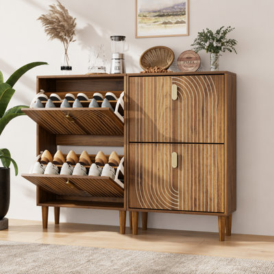 Shoe Storage Cabinet with 2 Flip Drawers,Free standing Shoe  Cabinet with Metal Handles for Entryway,Shoe Rack Cabinet with line groove design,23.6"W