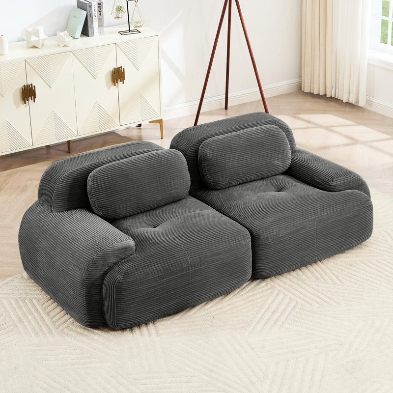 Velours côtelé gris de 82 po avec séparation, courbé, à conception coulissante, pour installation audiovisuelle modulaire, structure, coussins à haute résilience, ambiance