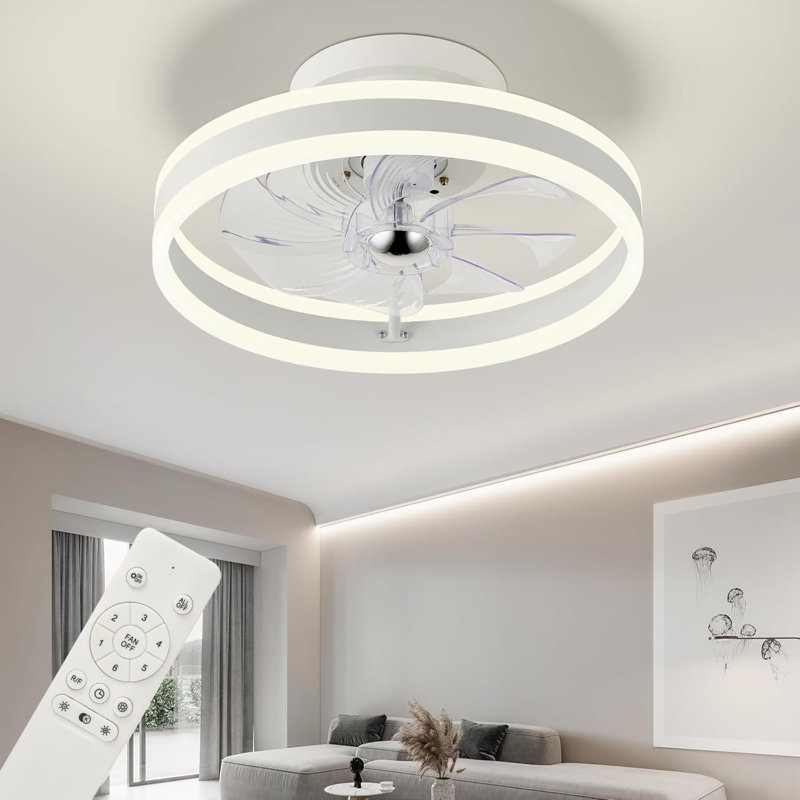 Modern Ceiling Fans with Light and Remote, 16in Dimmable Flush Mount Ceiling Fans with 6 Speeds, Quiet Reversible Ceiling Fan for bedroom, Living Room, Kitchen (White)