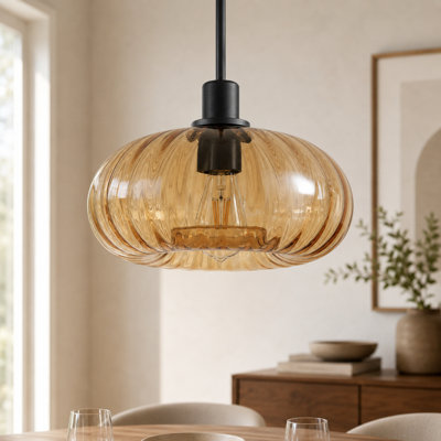 1-Light Pumpkin Ribbed Glass Pendant Light, Matte Black for Kitchen Island