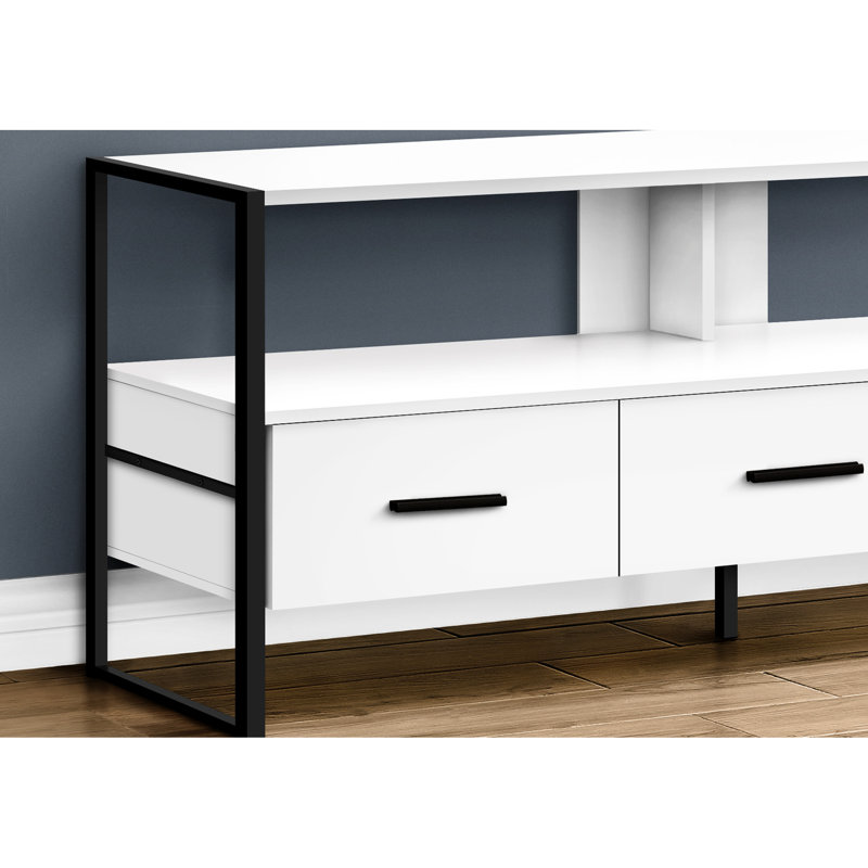 Meuble télé moderne avec console de 48 pouces, centre multimédia pour le salon et la chambre à coucher, métal noir stratifié blanc, rangement, convient aux espaces de 80 à 89 téléviseurs,