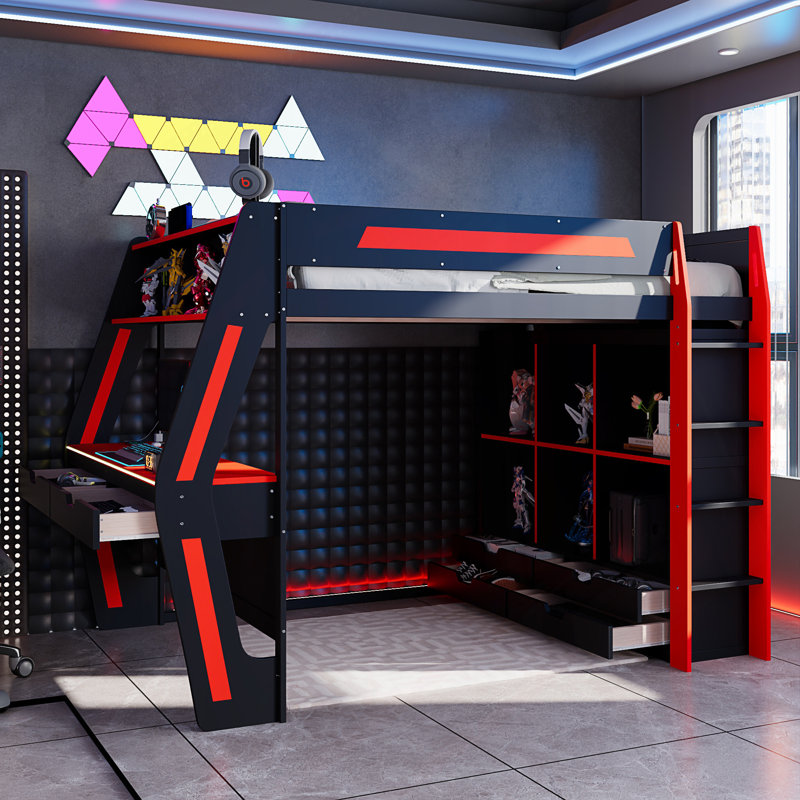 Lit mezzanine double pleine grandeur avec bureau intégré, lumières DEL RVB intelligentes et ports USB, Black+Red