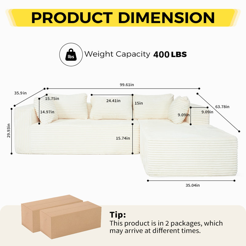 Canapé modulaire en L 100 pouces en velours côtelé Compression Sectionals