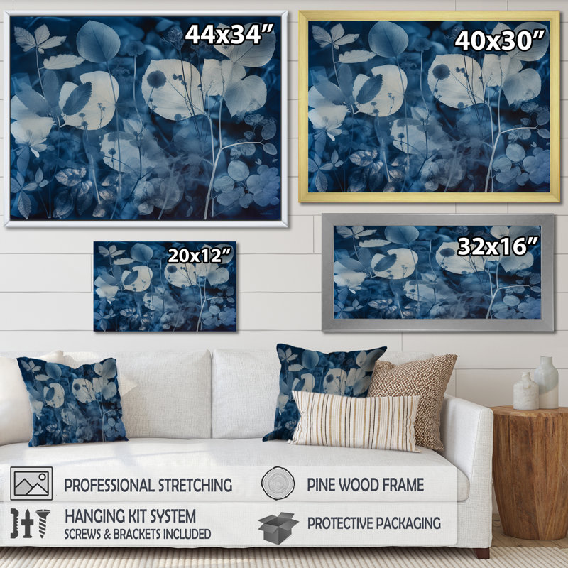 «Vintage Botanicals Abstract Leaves Retro Blue I», reproduction sur toile, Cadre naturel flottant, H 24 po x l 32 po x P 1 po