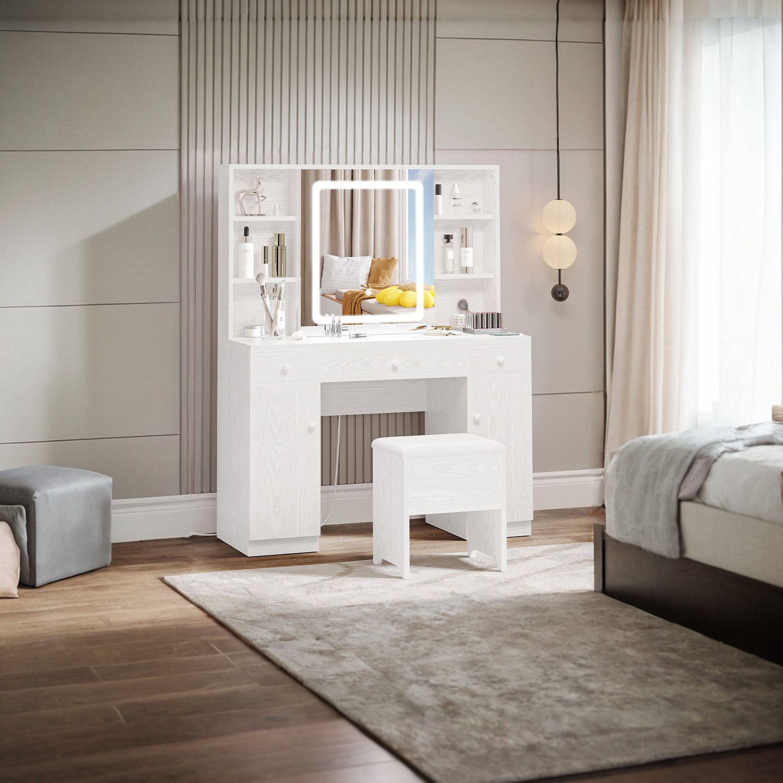 Kimrey Vanity Desk with Llight Sliding Mirror and 7 Drawers,  Makeup Vanity Table Set for Bedroom