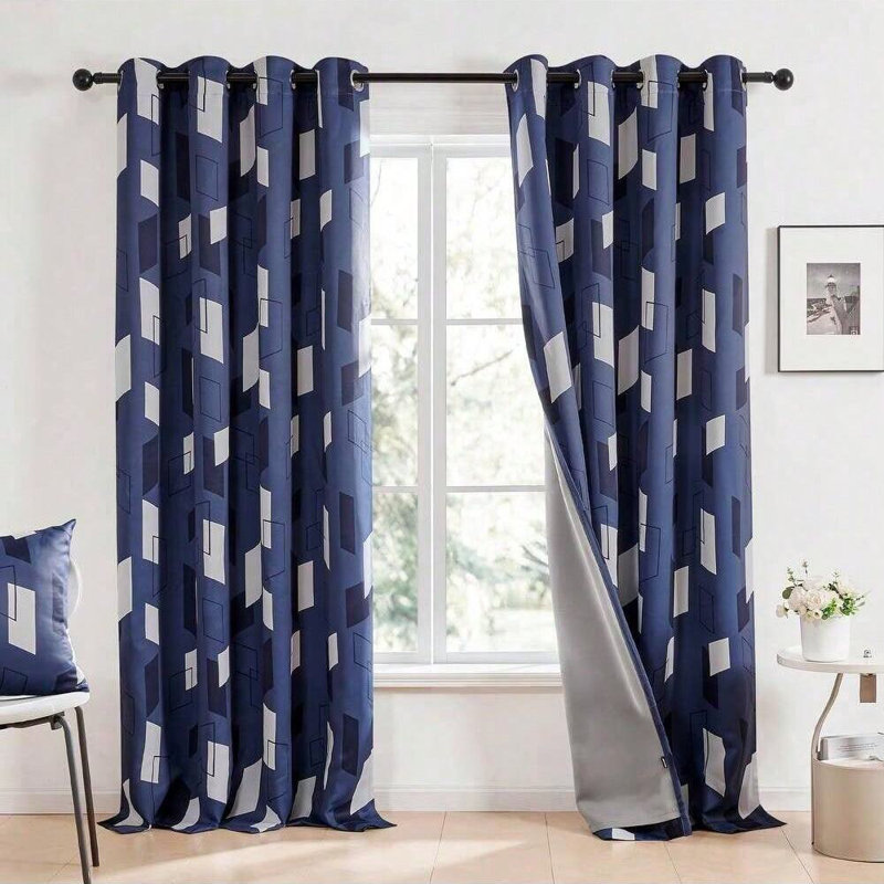 Total Blackout Grommet Thermal Insulated Curtains with Parallel Mirror Design (Set of 2), 42" W x 84" L, Blue