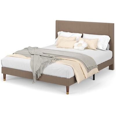 Structure de lit plateforme double pleine grandeur, tête de lit tapissier en velours côtelé, support de lattes en métal robuste, capacité de 800 lb, aucun sommier nécessaire pour la chambre à coucher, brun