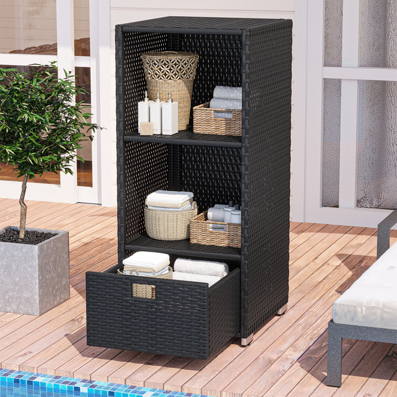 Outdoor Wicker Storage Cabinet with Drawer 3-Tier Poolside Storage Shelf for Garden, Backyard, 70 Gallons