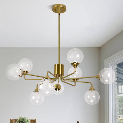9-Light Gold Sputnik Chandelier with Clear Glass Globes, Modern Mid-Century Ceiling Light Fixture