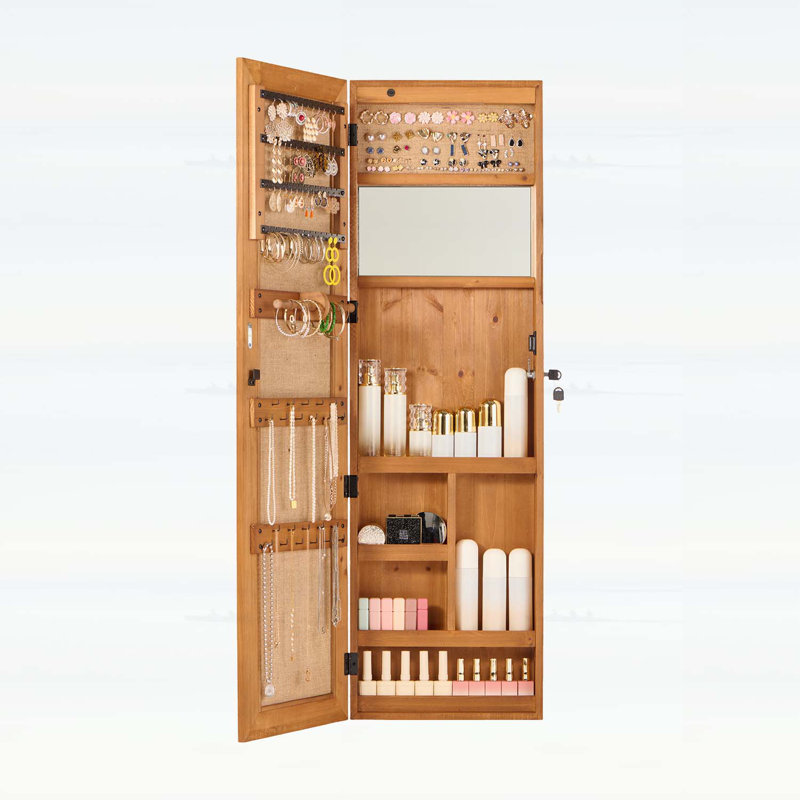Armoire à bijoux en bois avec miroir pleine longueur et lumière DEL, Marron clair