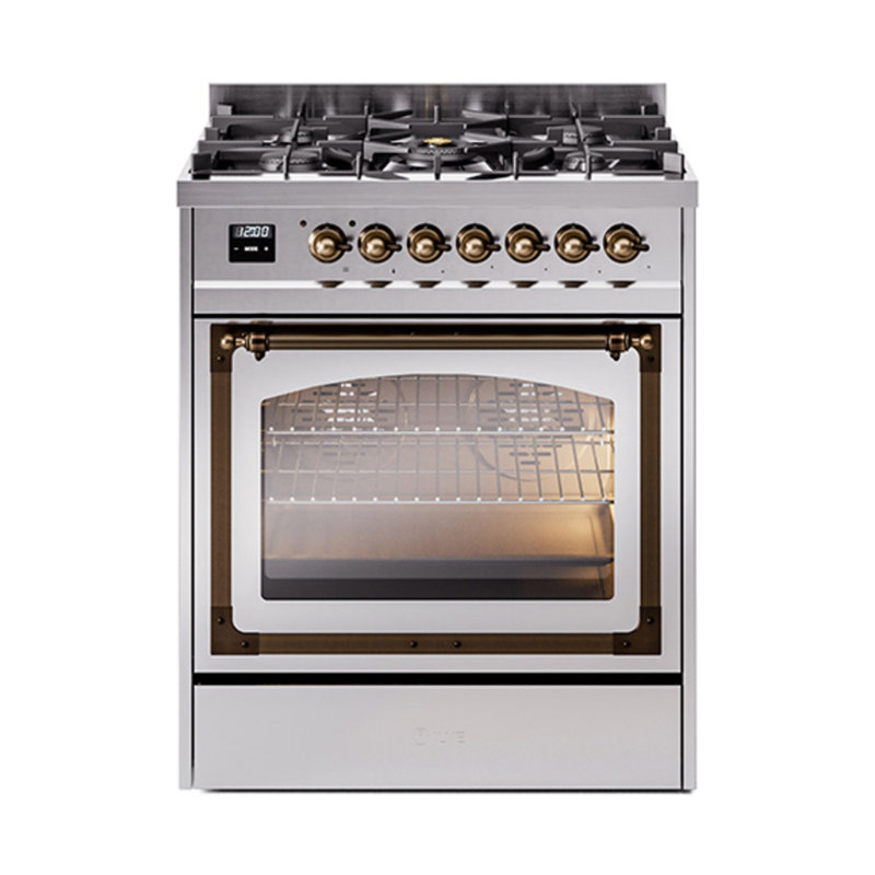 ILVE Nostalgie II Noblesse 30 in Dual Fuel Range, Stainless Steel/Bronze, Natural Gas