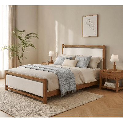 Full Size Upholstered Platform Bed,Linen Cream