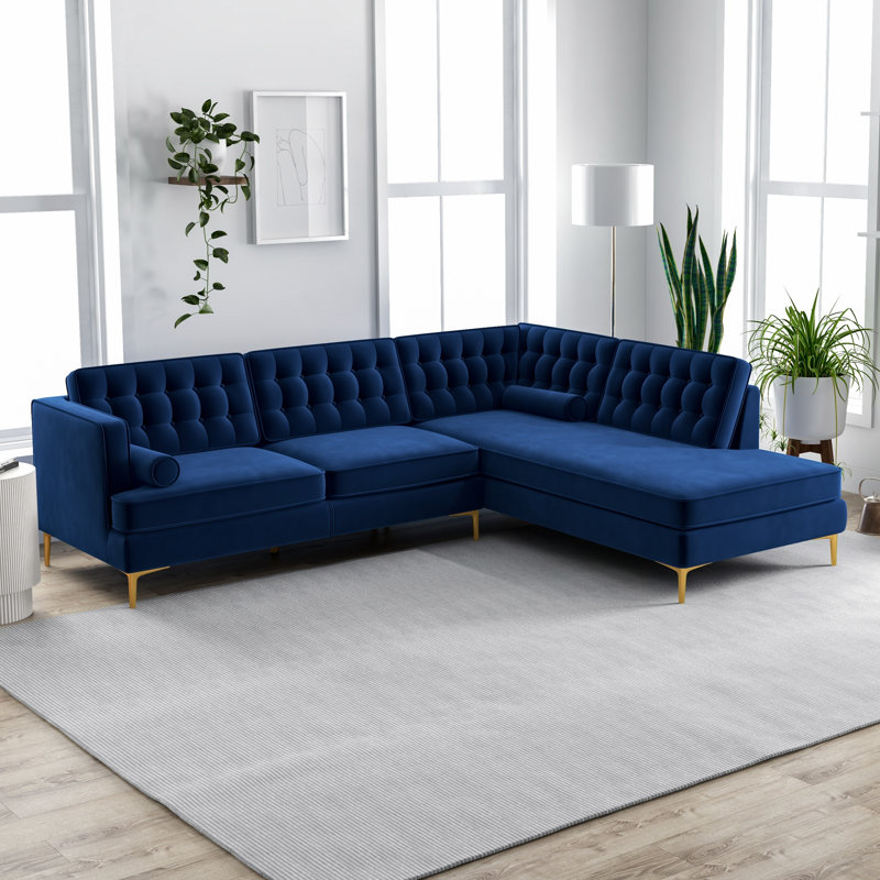 Addilynn Velvet L-Shaped Sectional, Blue, Right Hand Facing