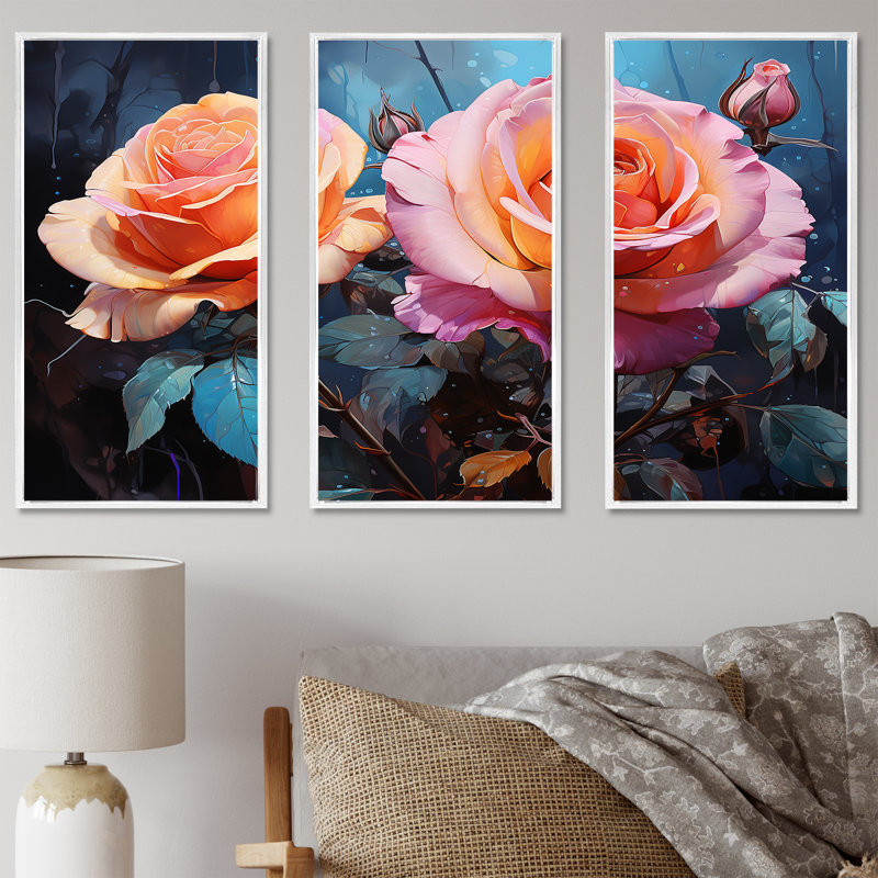 Minimalisme, roses roses, rêve III - ensemble de reproductions d'art mural roses, Cadre flottant blanc