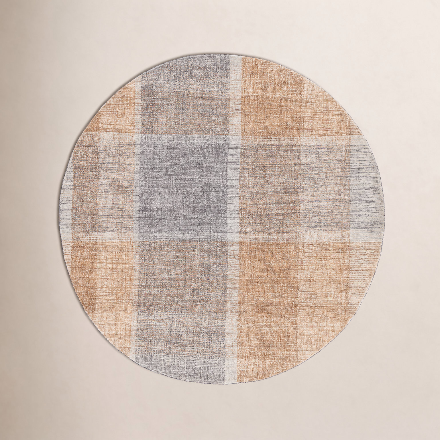 Light Brown Blue Hand-Tufted Geometric Wool Rug, Round 6'