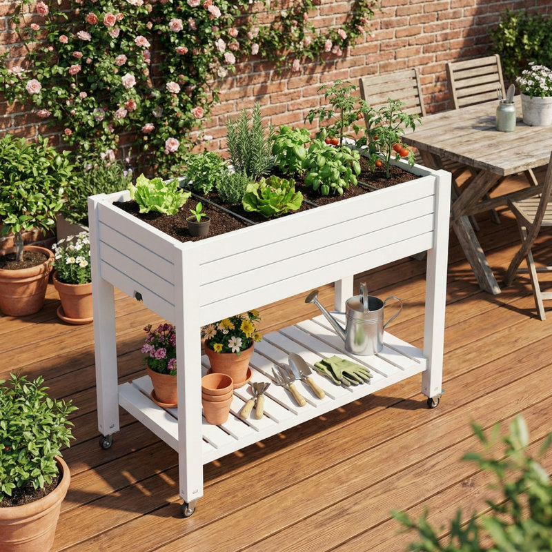 Elevated Raised Garden Bed With Wheels And Storage Shelf, Drainage And Water Monitor