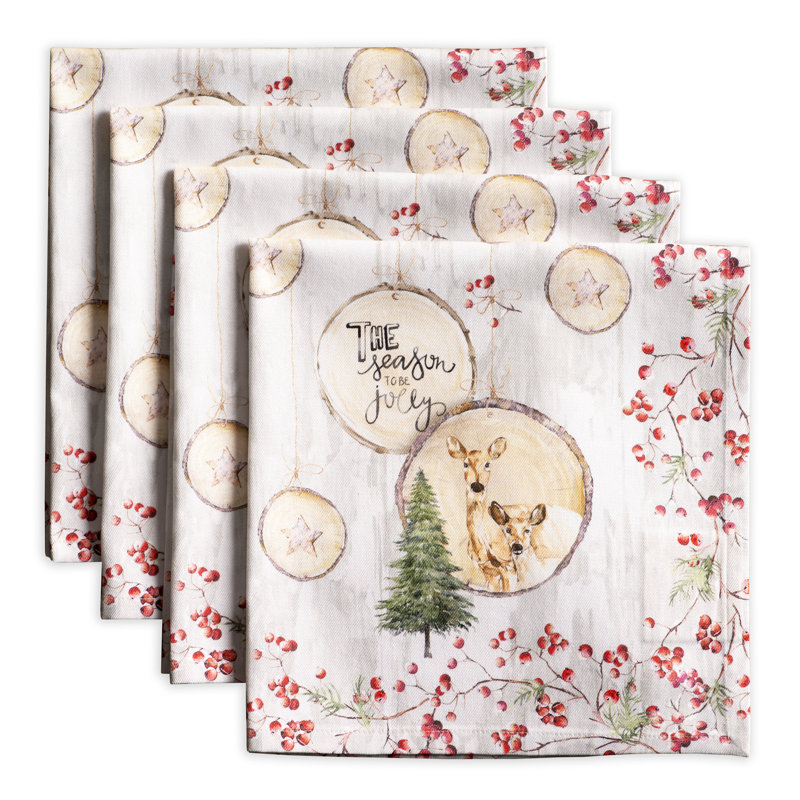 Festive Reindeer and Berries Cotton Square Napkins Set of 4