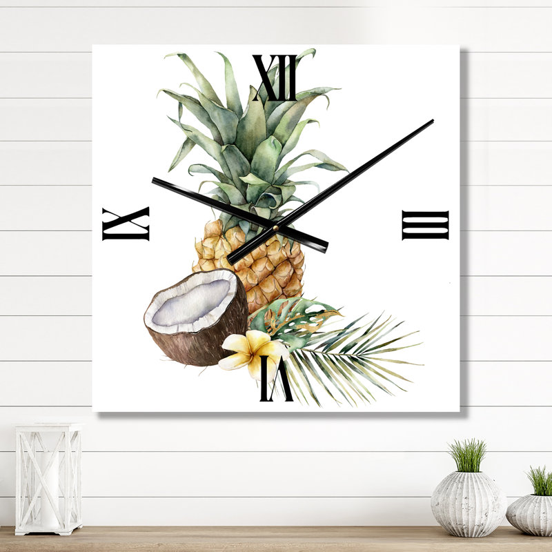 Horloge murale ananas avec plumeria et feuilles de palmier, Grand