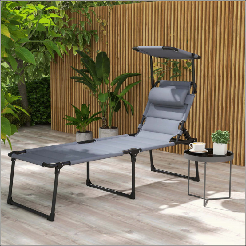 Chaise longue d'extérieur, chaise longue pliante à dossier réglable, chaise de bronzage rembourrée avec toit pare-soleil et appui-tête pour plage, camping, randonnée