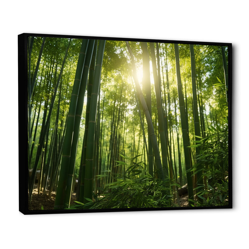 " Dynamic Light Bamboo Grove II ", 30" H x 40" W x 1.5" D, Black Floater Framed