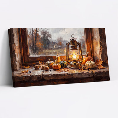 «Glowing Lantern and Pumpkins» par Rainy Window, art mural sur toile d'Halloween