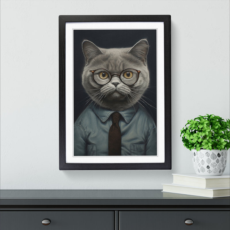 British Shorthair Cat With Glasses Painting - Single Picture Frame Print on Wood, Black Framed, 46cm H x 34cm W x 2cm D