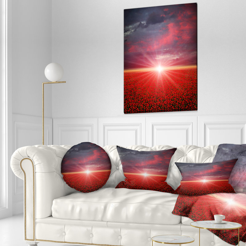 Coussin à motif de coquelicots rouges au coucher du soleil, Rectangle, 12 po x 20 po