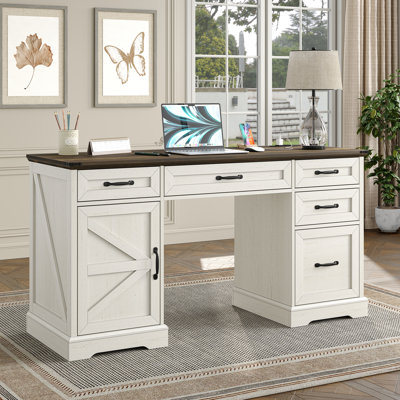 Deanjelo 57" Farmhouse Computer Desk with Outlet and 5 Drawers&Filing Cabinet,Large Storage Cabinet for Home Office,Off White/Rustic Brown