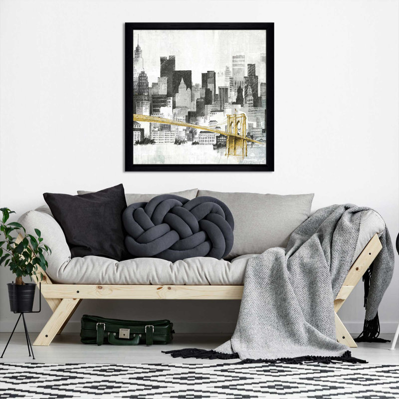 New York, horizon I, pont jaune II - peinture, H 37,5 po x l 37,5 po x P 1 po, Cadre noir
