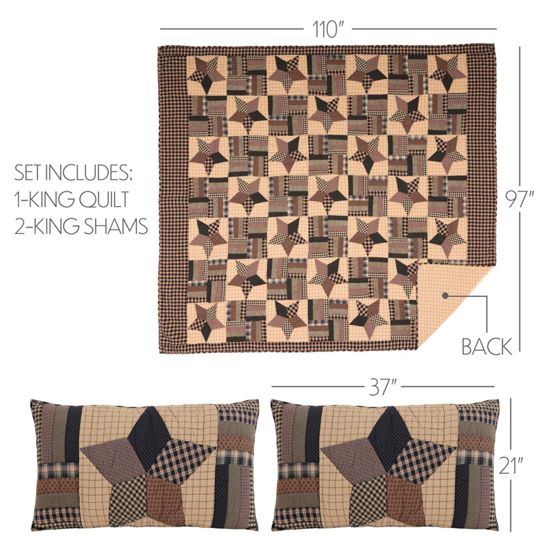 Bingham Star American Traditional Cotton Patchwork Quilt, King Quilt + 2 Shams