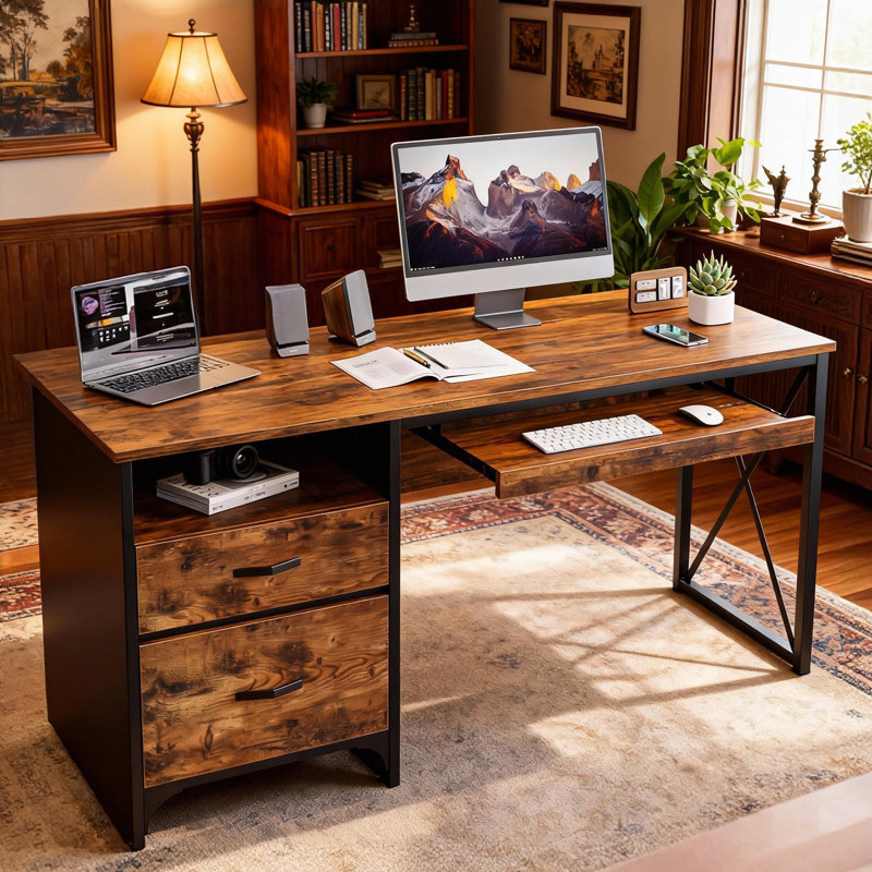 Labelle 55'' Rustic Brown Home Office Desks with 2  Storage Drawers, Reversible  Computer Desks with Keyboard Tray and Open Shelf