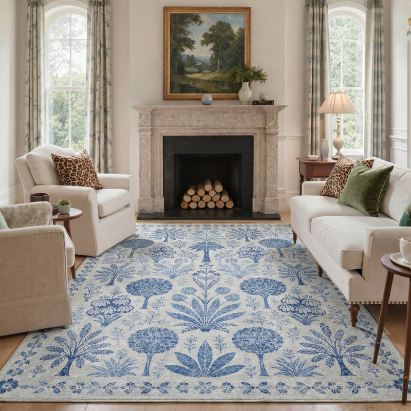 Tapis floral bleu / gris lavable à la machine avec envers antidérapant, Rectangulaire 8 pi x 10 pi