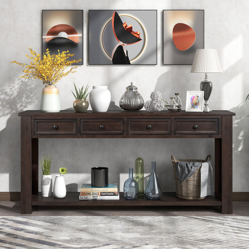 Desinae 63" Console Table Sofa Table with Storage Drawers and Bottom Shelf for Entryway Hallway, Dark Brown