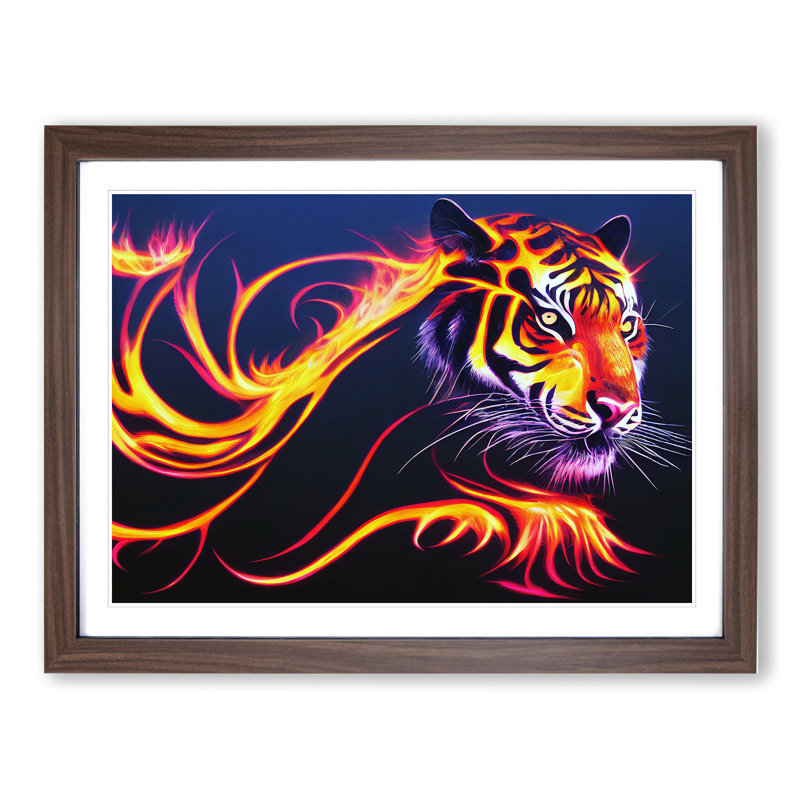 Tiger In Flames Abstract - Single Picture Frame Print, 25cm H x 34cm W x 2cm D, Walnut Framed