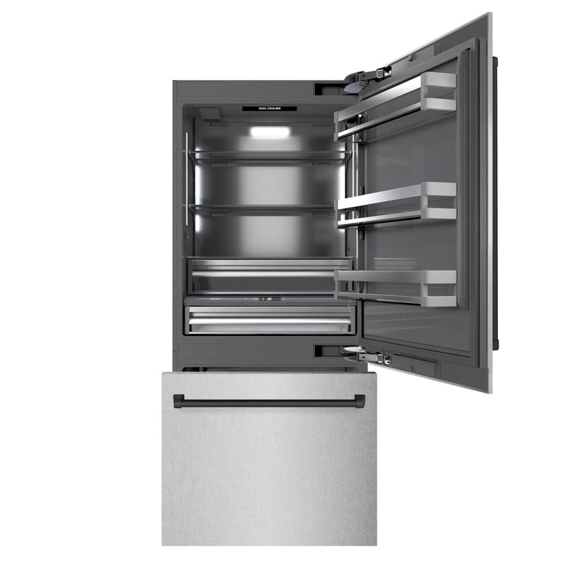ZLINE Autograph Edition 36 in. 19.8 cu. ft. Built-In Bottom Freezer Refrigerator with Water Dispenser and Ice Maker in Satin Stainless Steel with Graphite Gray Interior