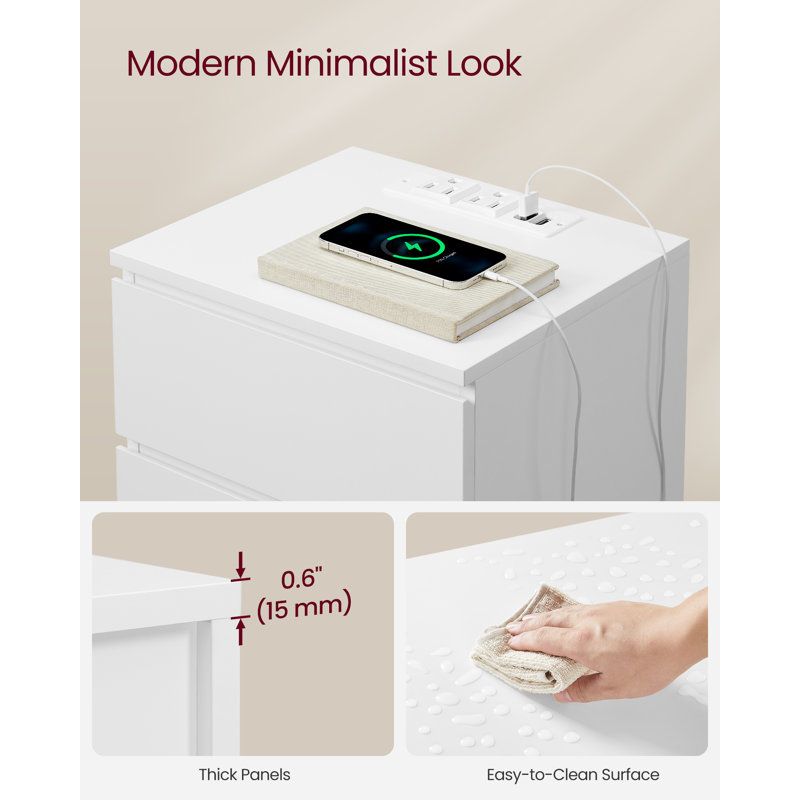 Moneika Nightstand with Charging Station, Side End Table with 3 Drawers, 2 AC Outlets, 2 USB Ports, White