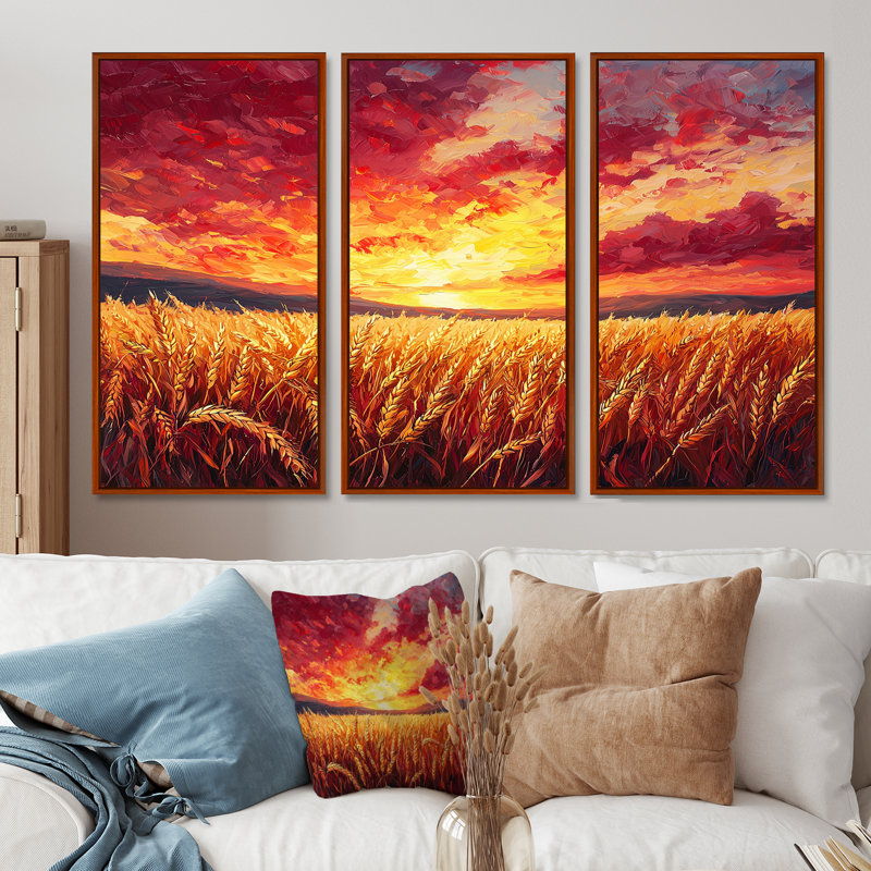 Coucher de soleil sur le champ de blé II - campagne, art mural, ensemble de 3, H 32 po x l 48 po, Brun
