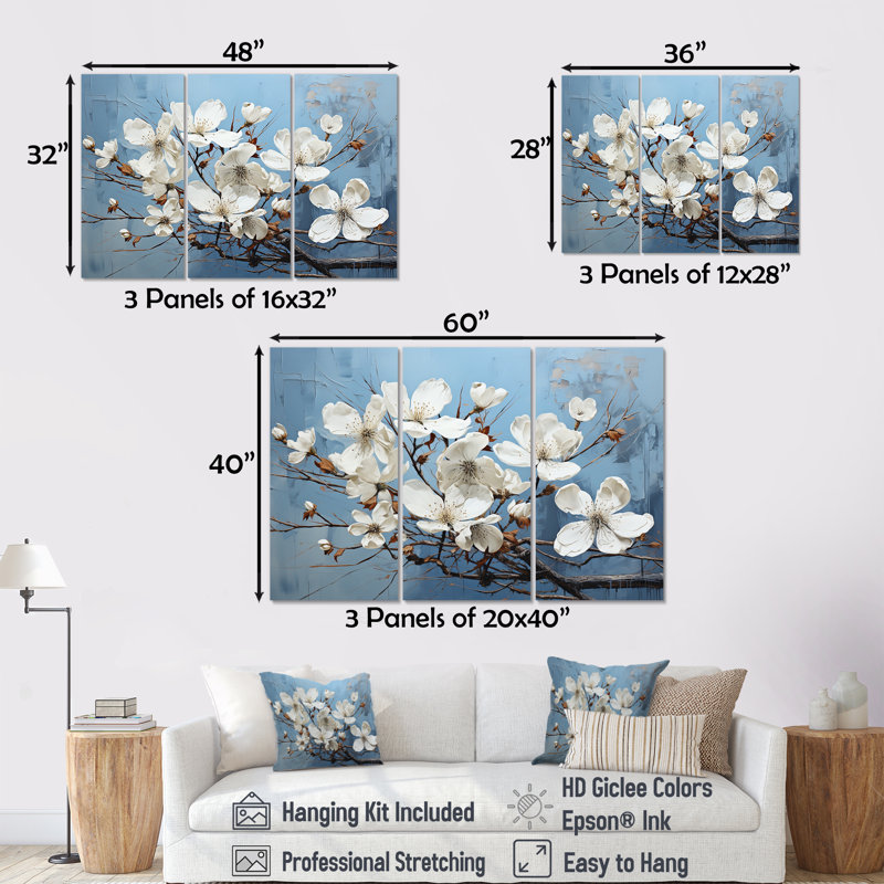 Ensemble de salon art mural cornouiller blanc, Toile tendue, H 32 po x l 48 po x P 1 po