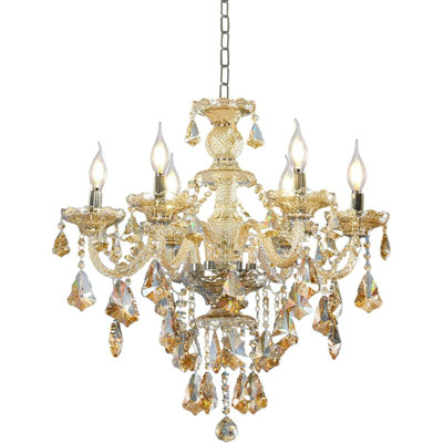 Modern K9 Crystal Chandelier Cognac 6 Lights E12 Base Candle Crystal Ceiling Light For Dinning Living Room Bedroom Hallway