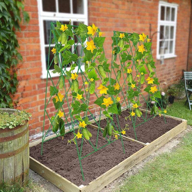 Ensemble de 2 treillis de concombre pliable à structure en A, support de plantes d'extérieur en acier enduit de PVC antirouille pour lits surélevés, haricots, tomates, plantes grimpantes