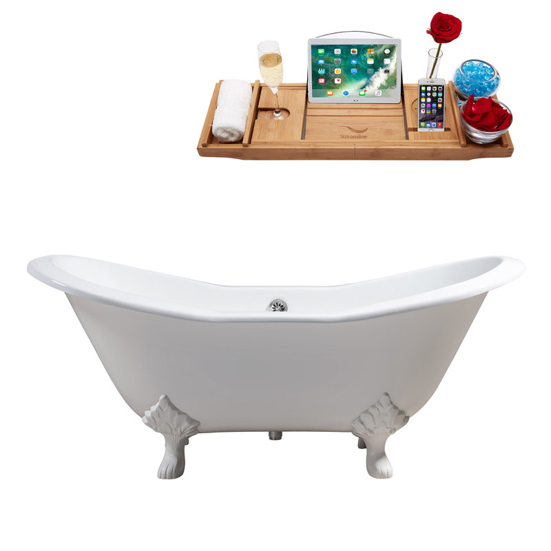 Baignoire de trempage sur pattes 61 "avec drain, pattes et plateau en bambou 61" Streamline, Blanc lustré, Chrome poli