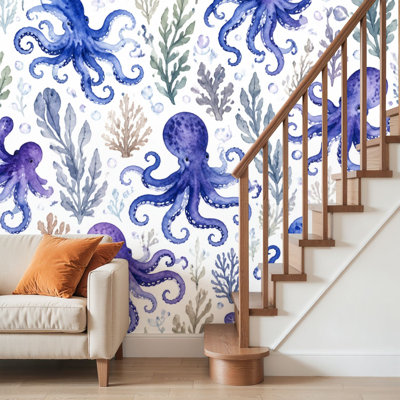Peel and Stick Wallpaper Wall Mural Octopus seamless watercolor Wall Art Self Adhesive and Removable