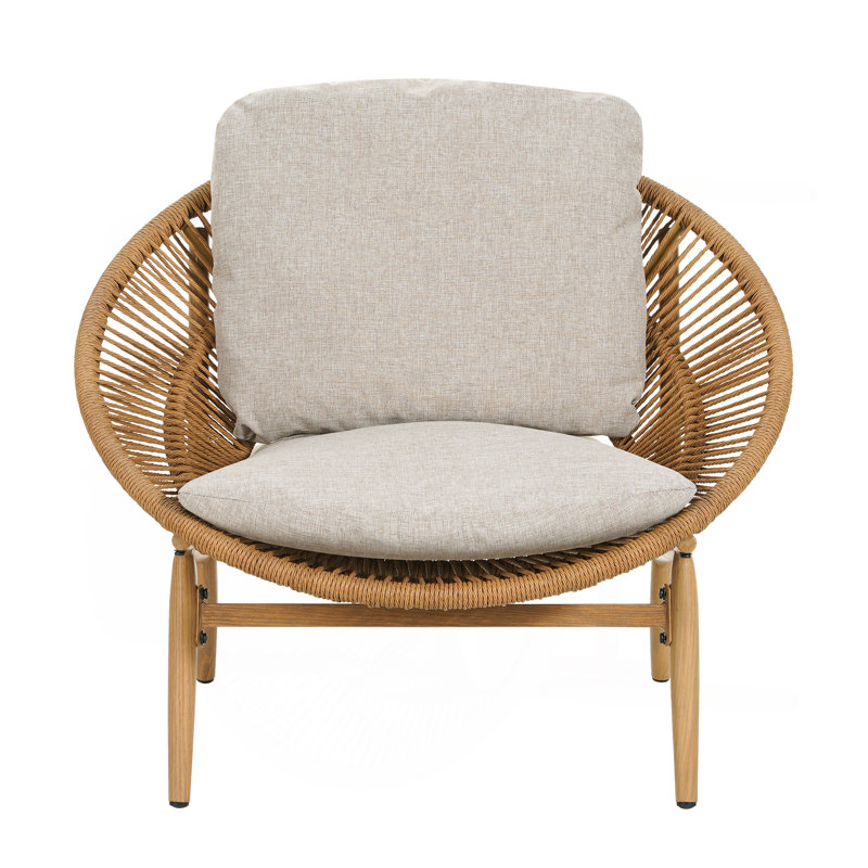 Cyril Outdoor Wicker Papasan Style Lounge Chair, Light Brown Wicker With Beige Cushion, Set Of 1, Beige Cushion/Teak Frame