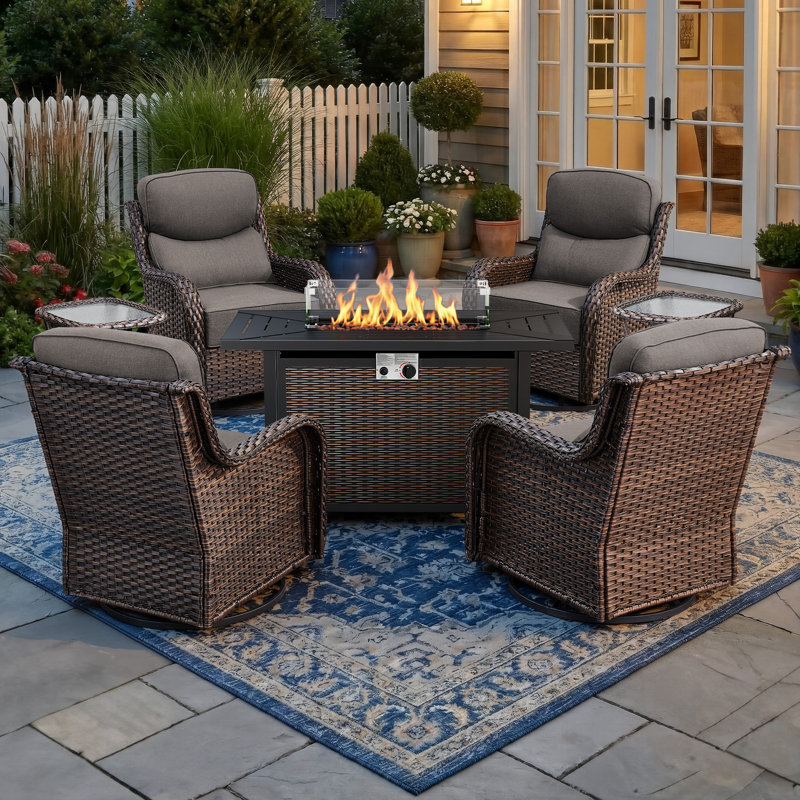 4 - Person Patio Furniture Chair Set With Fire Pit Table, 4 Swivel Glider Chairs With 6-Inch Cushions & Side Table, Gray