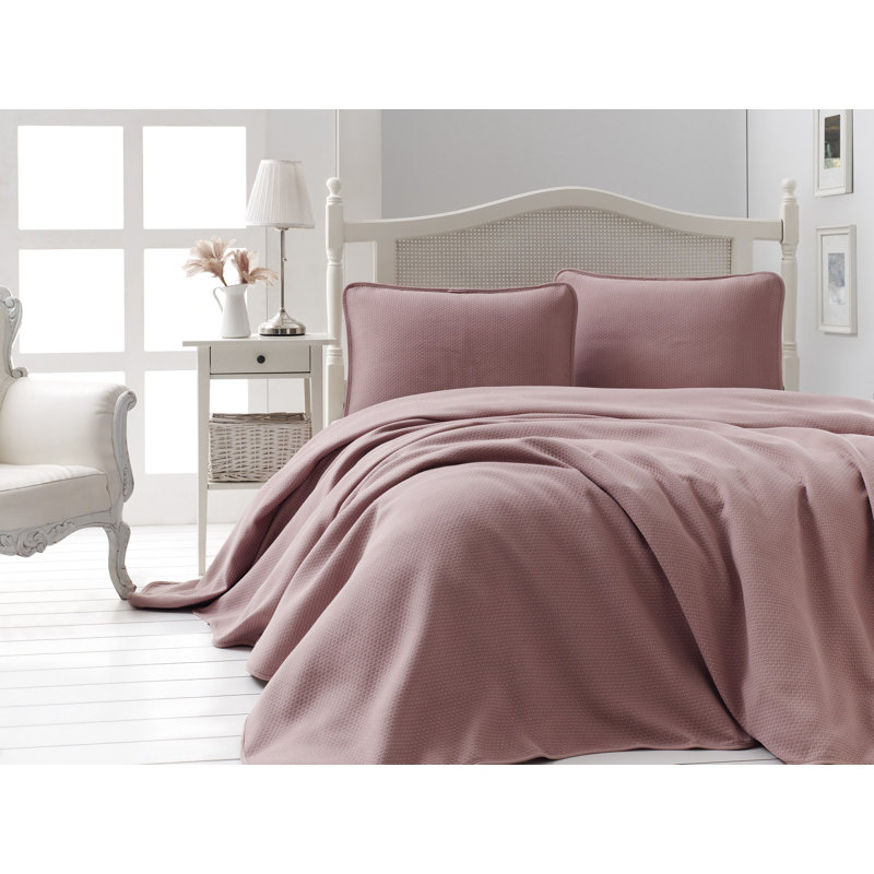 Fjodor Cotton Solid Colour Bedspread with Pillowcases Included, Dusty Rose