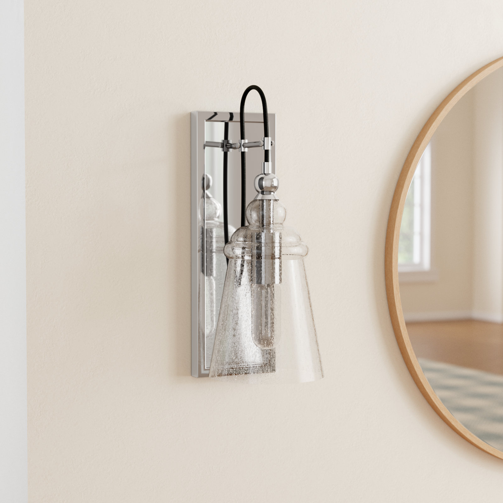 Levine Single Light Glass Steel Dimmable Armed Sconce, Chrome