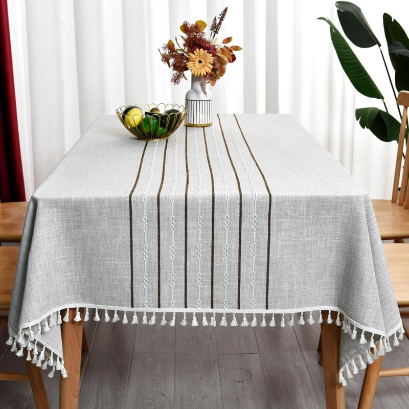 Heavy Duty Cotton Linen Tablecloth with Tassels  (Khaki, 135 x 300 cm)