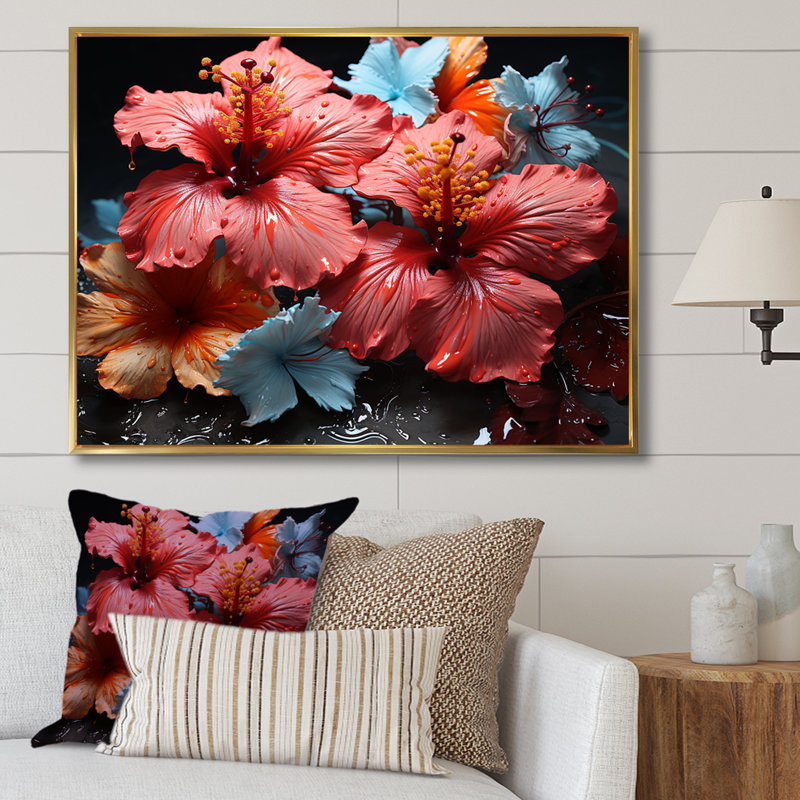 Hibiscus en fleurs sur verre, H 24 po x l 32 po x P 1 po, Cadre naturel flottant